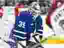 Mar 15, 2023; Toronto, Ontario, CAN;  Toronto Maple Leafs goalie Ilya Samsonov (35) stops a shot from Colorado Avalanche forward Mikko Rantanen (96) in the second  period at Scotiabank Arena.  