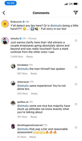 Simu Liu responded to 6ix Buzz’s comment on Instagram.