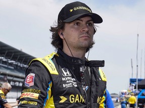 Colton Herta prepares to drive during practice for the IndyCar auto race at Indianapolis Motor Speedway in Indianapolis, May 20, 2022.