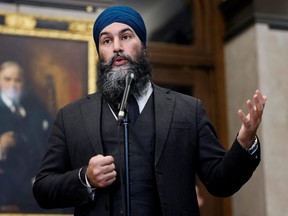 Federal New Democratic Party leader Jagmeet Singh speaks during a press conference on Parliament Hill in Ottawa, Feb. 1, 2023.