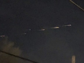 This image from video provided by Jaime Hernandez shows streaks of light travelling across the sky over the Sacramento, Calif., area on Friday night, March 17, 2023.