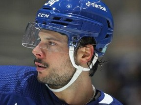 The Leafs Auston Matthews wears a helmet with a TikTok ad on it. He is pictured on Jan. 7 at the Scotiabank Arena during a game between the Detroit Redwings and the Toronto Maple Leafs.