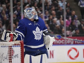Maple Leafs goaltender Matt Murray looks up at a replay of a goal by Buffalo Sabres' Jack Quinn (not pictured) during the second period at Scotiabank Arena on Monday, March 13, 2023.