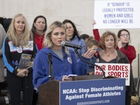Former University of Kentucky swimmer Riley Gaines speaks at the "Tell the NCAA: Stop Discriminating Against Female Athletes" rally on Thursday, Jan. 12, 2023, outside of the NCAA Convention in San Antonio.