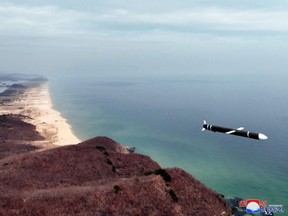 This picture taken on March 22, 2023 shows one of the "Hwasal" strategic cruise missiles being launched in Hamhung City of South Hamgyong Province.