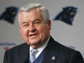 Carolina Panthers owner Jerry Richardson speaks during a news conference for the NFL football team in Charlotte, N.C., Jan. 15, 2013.