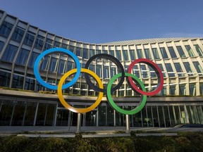 A view shows the Olympic Rings in front of the Olympic House, headquarters of the International Olympic Committee (IOC), during the executive board meeting of the International Olympic Committee (IOC), in Lausanne, Switzerland, March 28, 2023.