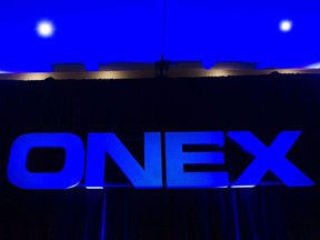 The Onex Corporation logo is displayed at the company's annual general meeting in Toronto on May 10, 2012.