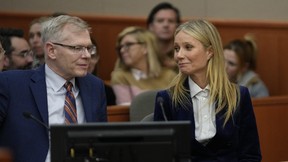 Gwyneth Paltrow and attorney Steve Owens react as the verdict is read in her civil trial over a collision with another skier on March 30, 2023, in Park City, Utah.