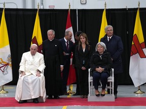 Pope Francis and Gov. Gen. Mary Simon watch a traditional dance during the final public event of his papal visit across Canada as he prepares to leave Iqaluit, Nunavut on Friday, July 29, 2022.