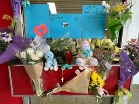 A memorial for Gabriel Magalhaes, 16, who was stabbed to death, is pictured at Keele subway station on March 27, 2023.