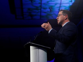Canada's Conservative Party Leader Pierre Poilievre delivers a keynote speech at the Canada Strong and Free Networking Conference in Ottawa on Thursday, March 23, 2023.