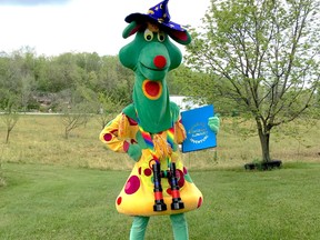 Polkaroo in a big yard holding a book.