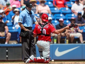 Philadelphia Phillies catcher J.T. Realmuto is ejected by umpire Randy Rosenberg against the Toronto Blue Jays in the fourth inning during spring training at TD Ballpark in Dunedin, Fla., March 27, 2023.
