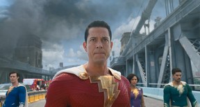 Adam Broday as Super Hero Freddy, Zachary Levi as Shazam, Meagan Good as Super Hero Darla and D.J. Cotrona as Super Hero Pedro in Shazam! Fury of the Gods.