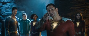 (L-r) Ross Butler as Super Hero Eugene, Jovan Armand as Pedro Pena, Meagan Good as Super Hero Darla, Zachary Levi as Shazam and Grace Caroline Currey as Super Hero Mary in Shazam! Fury of the Gods.