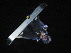 Elizabeth Hosking, of Canada, competes during the women's World Cup snowboard halfpipe event in Calgary, Alta., Friday, Feb. 10, 2023. Hosking took the silver medal in the women's halfpipe event Friday at the world championships.