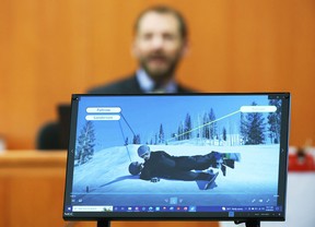 Doctor Irving Scher shows an accident simulation during the lawsuit trial of Terry Sanderson vs. Gwyneth Paltrow at the Park City District Courthouse in Park City, Utah on March 28, 2023.