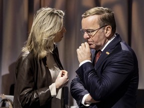 Kajsa Ollongren, Netherland's Minister of Defense, left, and Boris Pistorius, Germany's Minister of Defense, attend the informal meeting of EU defence ministers at the Scandinavian XPO in Marsta outside Stockholm, Sweden Wednesday, March 8, 2023.