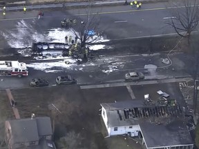 Emergency personnel respond to the scene of a tanker fire on Saturday, March 4, 2023 in Frederick, Md.