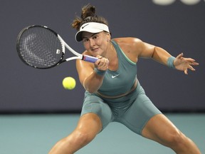 Bianca Andreescu, of Canada, returns a volley against Ekaterina Alexandrova, of Russia, in the first set of a match at the Miami Open tennis tournament, Monday, March 27, 2023, in Miami Gardens, Fla. Andreescu provided an injury update of sorts on Tuesday, saying she's still waiting on official test results after injuring her lower left leg at the Miami Open.THE CANADIAN PRESS/APJim Rassol