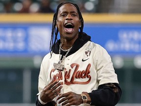 Travis Scott is pictured at Minute Maid Park in Texas on Feb. 16, 2023.