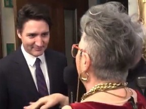 Justin Trudeau talks with Mary Walsh and her Marg Delahunty TV comedy character Thursday in Ottawa.