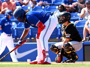 Blue Jays' Vladimir Guerrero Jr. prepares to bat in the first inning of a spring training game against the Pittsburgh Pirates at TD Ballpark.