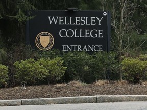 The entrance to Wellesley College in Wellesley, Mass., is pictured on April 20, 2020.