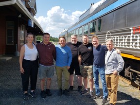 The Tripping Train crew (l-r) Andrea Minty, producer; Richmond Lee, sound; Mitch Azaria, executive producer; Jeff Semple, 2nd unit director; Mike Darby, director of photography; John Morrison, director; and Terry Zazulak, 2nd unit camera.