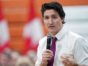 Prime Minister Justin Trudeau speaks during a town hall event at Campus de Dieppe during his visit to Dieppe, near Moncton, New Brunswick, March 31, 2023.