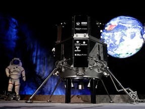 A model of the lander in HAKUTO-R lunar exploration program by "ispace" is pictured at a venue to monitor its landing on the Moon, in Tokyo, Japan, April 26, 2023.
