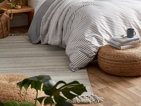 Casual cotton scatter rugs and bedding add cool comfort during warm summer months. Chambray Stripe Duvet Cover Set, from $49, www.simons.ca