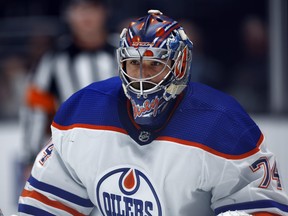 Stuart Skinner of the Edmonton Oilers stands in goal against the Los Angeles Kings.