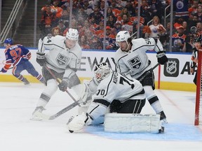 Joonas Korpisalo of the Los Angeles Kings makes a save in the first period against the Edmonton Oilers in Game One of the First Round of the 2023 Stanley Cup Playoffs on April 17, 2023 at Rogers Place in Edmonton, Alberta, Canada.