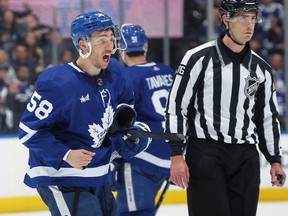 Maple Leafs' Michael Bunting reacts to being ejected from the game against the Tampa Bay Lightning during Game 1 on Tuesday, April 18, 2023.