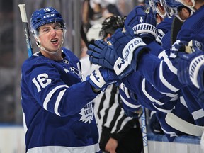Mitch Marner of the Toronto Maple Leafs celebrates after scoring a goal last season.