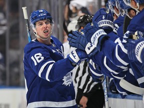 Mitchell Marner #16 of the Toronto Maple Leafs celebrates the opeing goal against the Tampa Bay Lightning in Game Two of the First Round of the 2023 Stanley Cup Playoffs at Scotiabank Arena on April 20, 2023 in Toronto. (Photo by Claus Andersen/Getty Images)