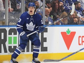 Matthew Knies of the Toronto Maple Leafs calls for a puck against the Tampa Bay Lightning in Game Two of the First Round of the 2023 Stanley Cup Playoffs at Scotiabank Arena on April 20, 2023 in Toronto, Ontario, Canada.