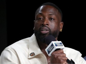 Inductee Dwyane Wade reacts during the 2023 Naismith Hall of Fame Press Conference at NRG Stadium on April 01, 2023 in Houston, Texas.