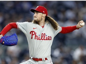 Matt Strahm of the Philadelphia Phillies pitches during the first inning against the New York Yankees at Yankee Stadium on April 04, 2023 in the Bronx borough of New York City.