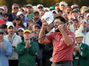 Jon Rahm of Spain celebrates on the 18th green after winning the 2023 Masters Tournament at Augusta National Golf Club on April 09, 2023 in Augusta, Georgia.