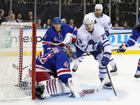 Jaroslav Halak of the New York Rangers makes the first period stop on Matthew Knies of the Toronto Maple Leafs at Madison Square Garden on April 13, 2023 in New York City.
