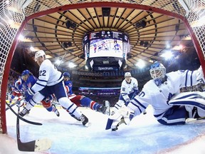 A goal by Filip Chytil of the New York Rangers was disallowed for kicking the puck into the net at the close of the third period against the Toronto Maple Leafs at Madison Square Garden on April 13, 2023 in New York City.