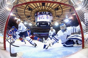 A goal by Filip Chytil #72 of the New York Rangers was disallowed for kicking the puck into the net at the close of the third period against the Toronto Maple Leafs at Madison Square Garden on April 13, 2023 in New York City. (Photo by Bruce Bennett/Getty Images)