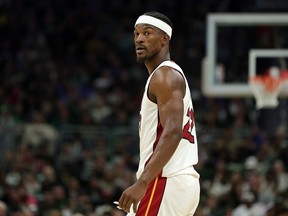 Jimmy Butler of the Miami Heat walks backcourt during the second half of Game 5 of the Eastern Conference First Round Playoffs against the Milwaukee Bucks at Fiserv Forum on April 26, 2023 in Milwaukee, Wisconsin.