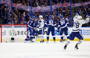 Andrei Vasilevskiy of the Tampa Bay Lightning gives up a goal to Auston Matthews of the Toronto Maple Leafs in the second period of Game 6 at Amalie Arena on April 29, 2023 in Tampa, Florida. (Mike Ehrmann/Getty Images)
