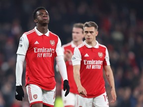 Eddie Nketiah of Arsenal looks dejected following the team's draw in the Premier League match between Arsenal FC and Southampton FC.