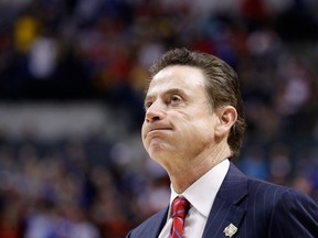 Head coach Rick Pitino of the Louisville Cardinals reacts to their 69-73 loss to the Michigan Wolverines during the second round of the 2017 NCAA Men's Basketball Tournament at the Bankers Life Fieldhouse on March 19, 2017 in Indianapolis, Indiana.