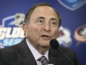 NHL commissioner Gary Bettman attends a press conference ahead of the 2022 NHL Global Series game between the Colorado Avalanche and Columbus Blue Jackets in Tampere on Nov. 5, 2022.